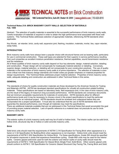 Technical Notes 21A -BRICK MASONRY CAVITY WALLS ...