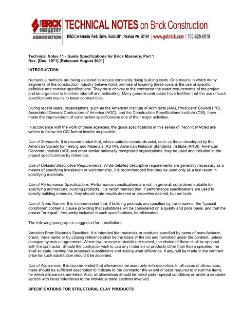 Structural Techinical Notes Technical Notes 11 - Guide Specifications for Brick Masonry, Part 1 ...