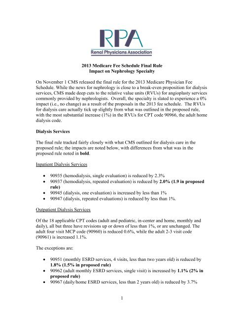 2013 Medicare Fee Schedule Final Rule Impact on Nephrology ...