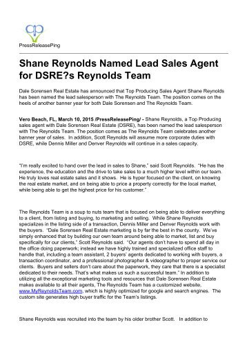 Shane Reynolds Named Lead Sales Agent for DSRE?s Reynolds Team