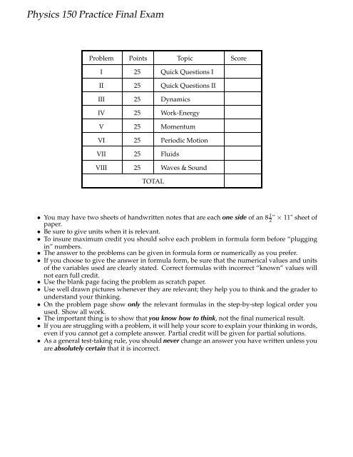 Physics 150 Practice Final Exam - People