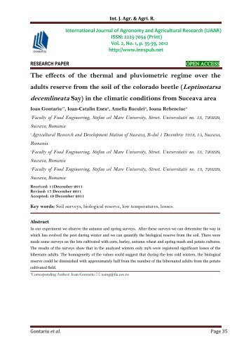The effects of the thermal and pluviometric regime over the adults reserve from the soil of the colorado beetle (Leptinotarsa decemlineata Say) in the climatic conditions from Suceava area