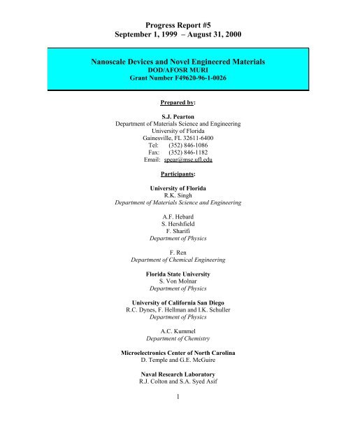 Progress Report 5 Stephen J Pearton University Of Florida