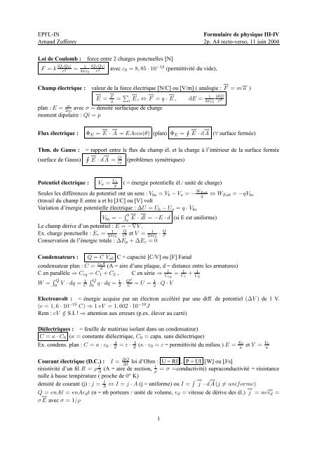 Epfl In Formulaire De Physique Iii Iv Arnaud Zufferey Coaching