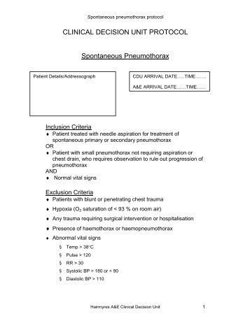 CLINICAL DECISION UNIT PROTOCOL Spontaneous Pneumothorax