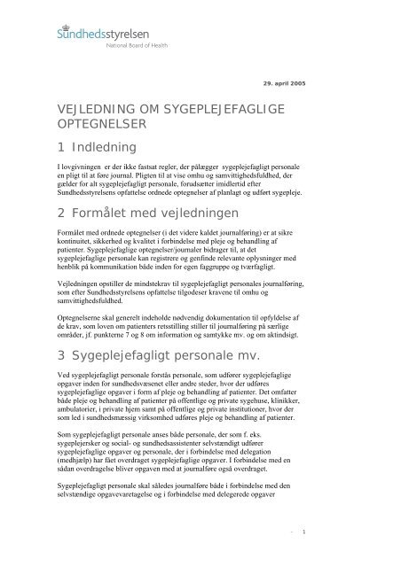 Vejledning om sygeplejefaglige optegnelser - Sundhedsstyrelsen