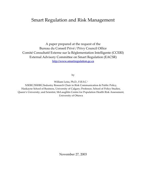Smart Regulation and Risk Management - Alberta Environment