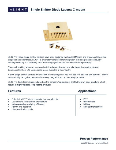 Single Emitter Diode Lasers: C-mount Features Applications - nLIGHT