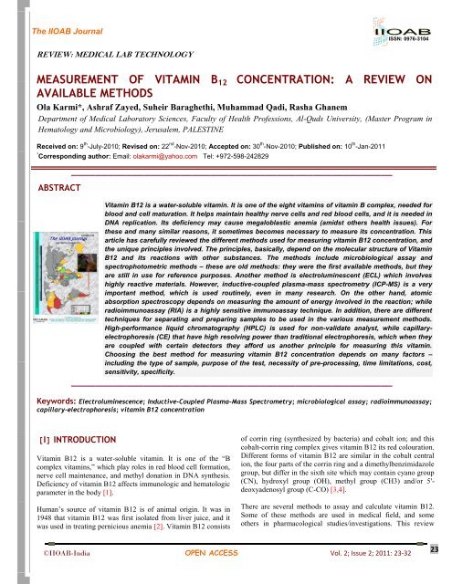 available methods to measure vitamin b12 - The IIOAB Journal