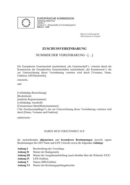 ZUSCHUSSVEREINBARUNG NUMMER DER VEREINBARUNG - [â¦]