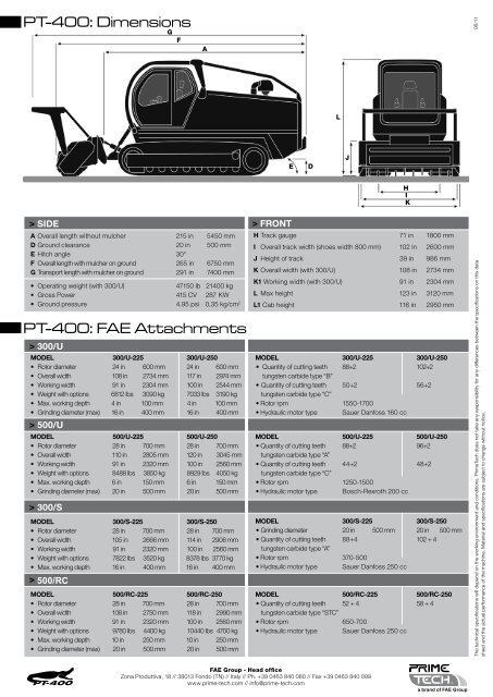 PT-400: FAE Attachments PT-400: Dimensions - Terrateam Equipment