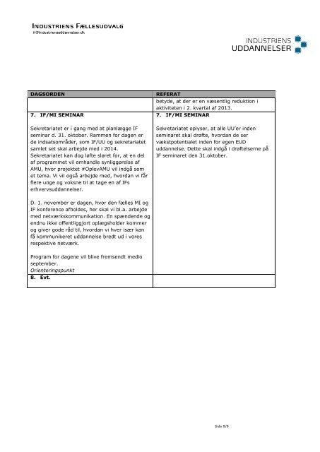 Referat IF udvalgsmÃ¸de d. 3. sept. 2013 - Industriens Uddannelser