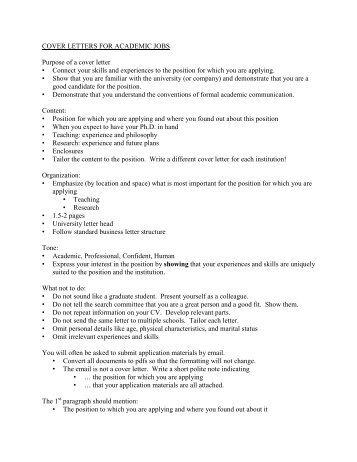 COVER LETTERS FOR ACADEMIC JOBS Purpose of a cover letter ...