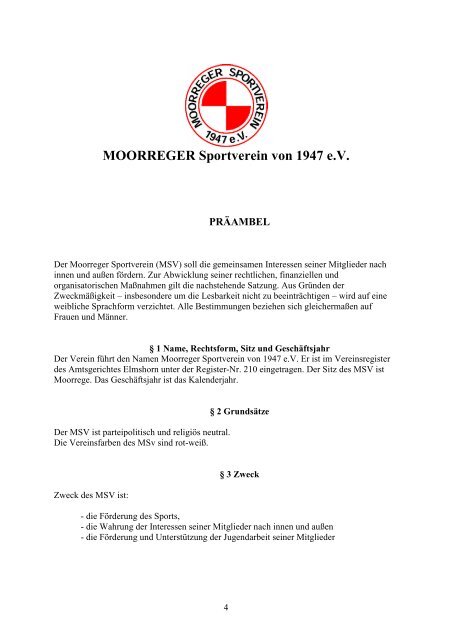 SATZUNG des MOORREGER SPORTVEREINS ... - Moorreger SV