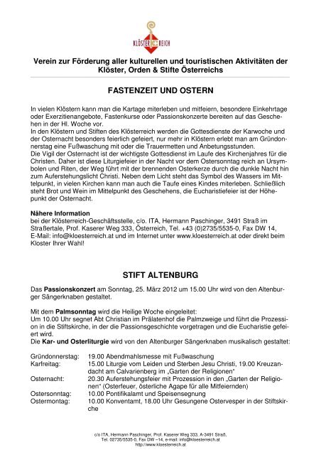 Fastenzeit Und Ostern Stift Altenburg Klosterreich