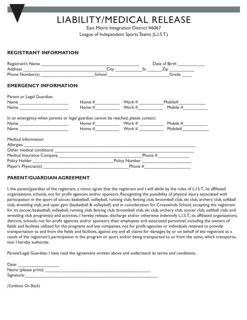 Crosswinds Sports Liability and Medical Release Form - East Metro ... Crosswinds Sports Liability and Medical Release Form - East Metro ...