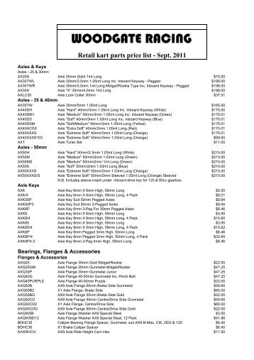 Retail kart parts price list - Sept. 2011 - Woodgate Racing