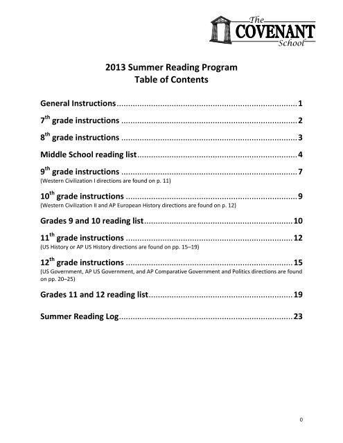 Summer Reading Program Guide 7 12 The Covenant School