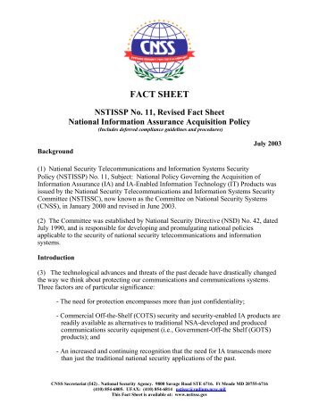 NSTISSP No. 11, Revised Fact Sheet - Common Criteria Evaluation ...