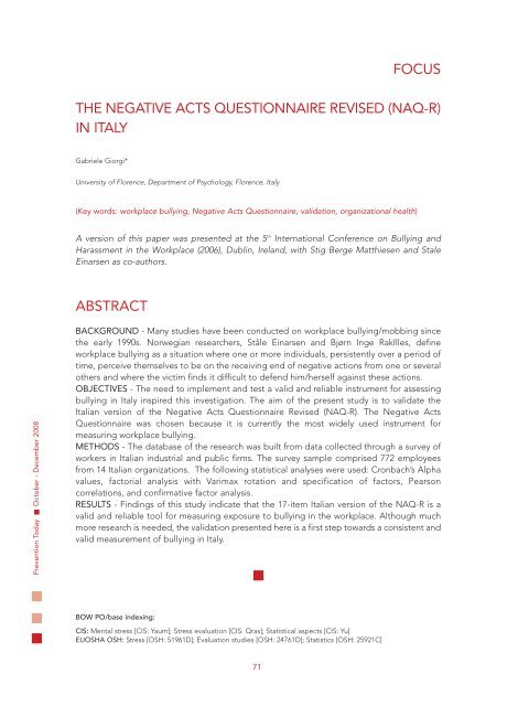 focus the negative acts questionnaire revised Prevenzione Oggi