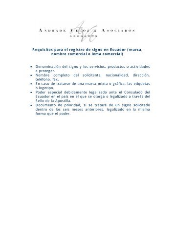 Requisitos para el registro de signo en Ecuador - Andrade Veloz ...