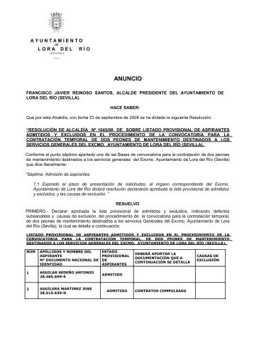 Listado Provisional para la ContrataciÃ³n Temporal de ... - Lora del RÃ­o