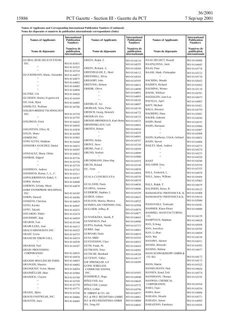 PCT/2001/36 : PCT Gazette, Weekly Issue No. 36, 2001 - WIPO