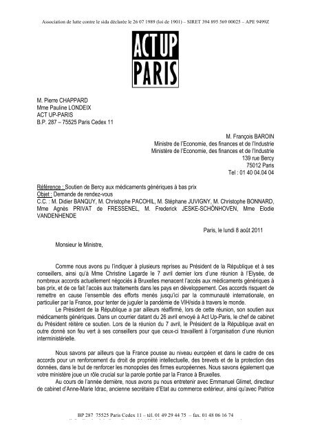 M. Pierre CHAPPARD Mme Pauline LONDEIX ACT UP-PARIS B.P. ...