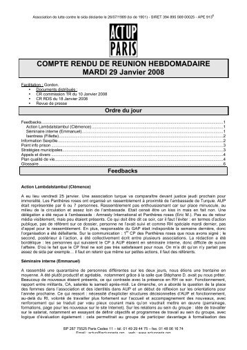 COMPTE RENDU DE REUNION HEBDOMADAIRE ... - Act Up-Paris