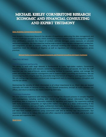 Michael Keeley Cornerstone Research Economic and Financial Consulting and Expert Testimony