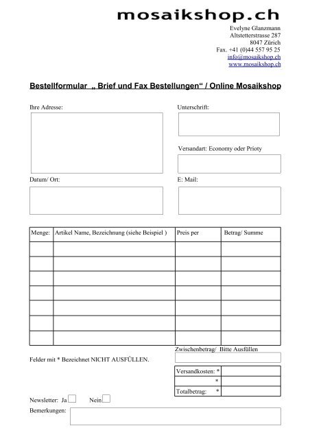 Bestellformular âž Brief Und Fax Bestellungen Mosaikshopch