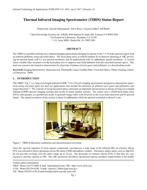 Thermal Infrared Imaging Spectrometer (TIRIS) Status ... - TechExpo