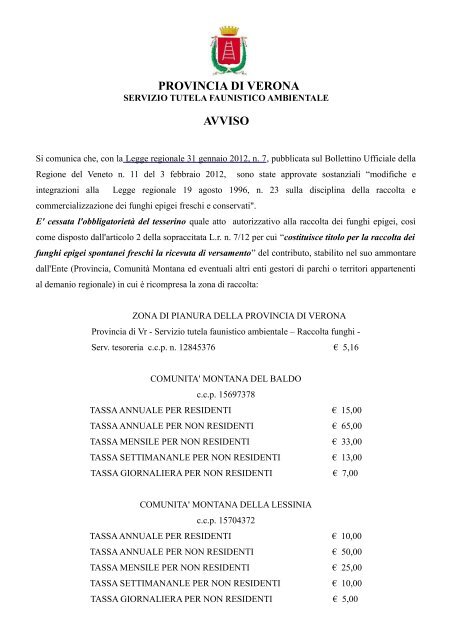 avviso modifiche legge per la raccolta dei funghi - Provincia di Verona