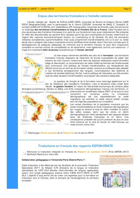 Panorama des projets ESPON - ORATE 2011 - UMS-RIATE