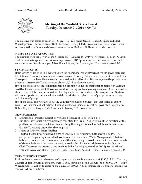 Sewer Board 12/21/10 Meeting Minutes - the Town of Winfield