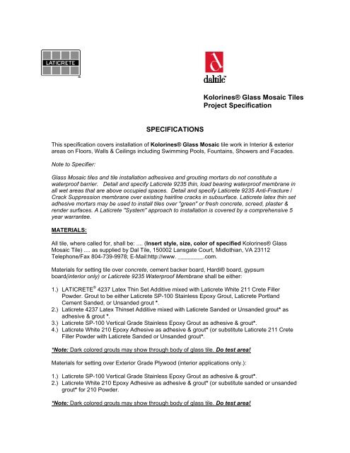 KolorinesÂ® Glass Mosaic Tiles Project Specification SPECIFICATIONS