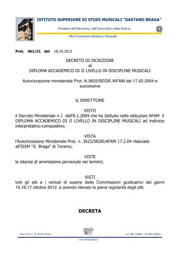 DECRETA - Istituto musicale pareggiato Gaetano Braga