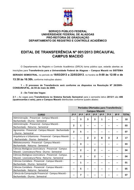 Edital de TransferÃªncia - Universidade Federal de Alagoas