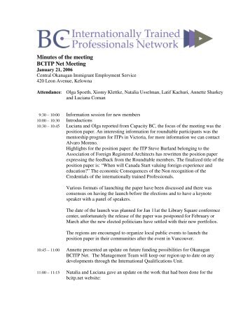 Minutes of the meeting BCITP Net Meeting - BC Internationally ...