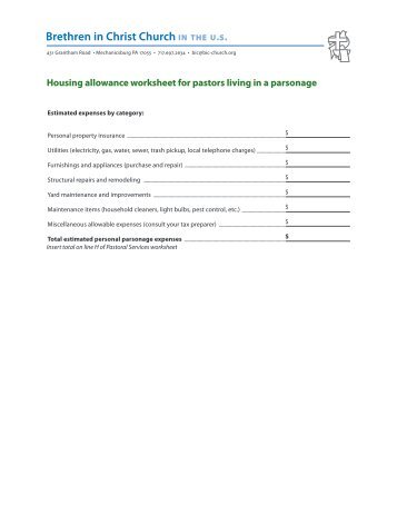 Housing allowance worksheet for pastors who live in a parsonage