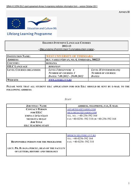 2012 13 West University Of Timisoara Dates 7 09 Llp