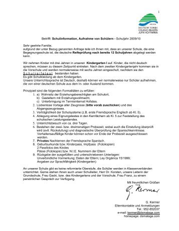 Betrifft: Schulinformation, Aufnahme von SchÃ¼lern - Colegio AlemÃ¡n ...