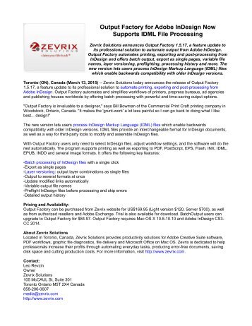 Output Factory for Adobe InDesign Now Supports IDML File Processing