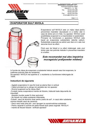 evaporator sulf nivola - Brinkman Hungary Kft.