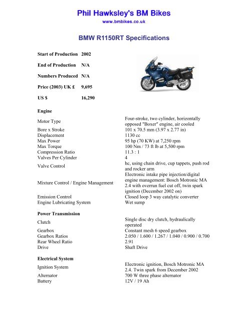 BMW R1150RT Specifications - BM Bikes, BMW Motorcycle