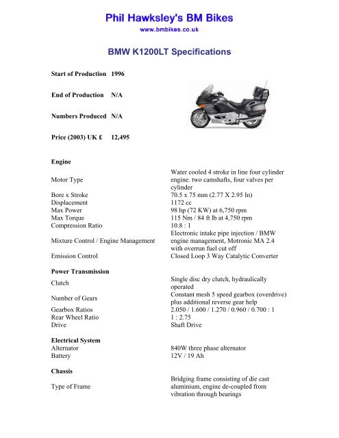 BMW K1200LT Specifications - BM Bikes, BMW Motorcycle Information