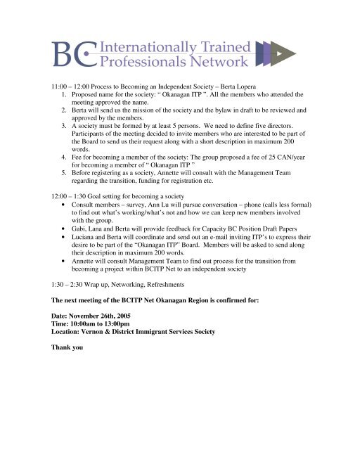 Minutes of the meeting BCITP Net Meeting - BC Internationally ...