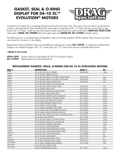 gasket, seal & o-ring display for 04-10 xl™ evolution® motors