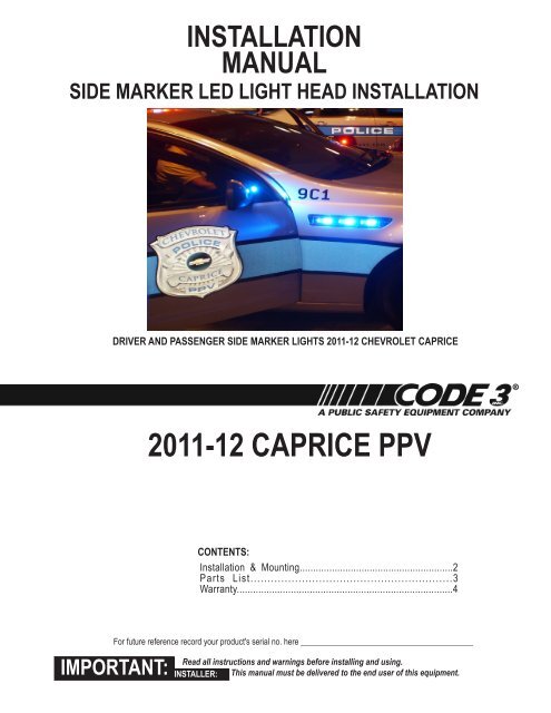 Caprice Side Marker LED light Install Manual - Code 3 Public Safety ...