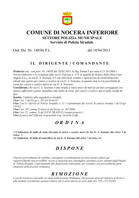 ordinanza carico e scarico via scarano - Comune di Nocera Inferiore